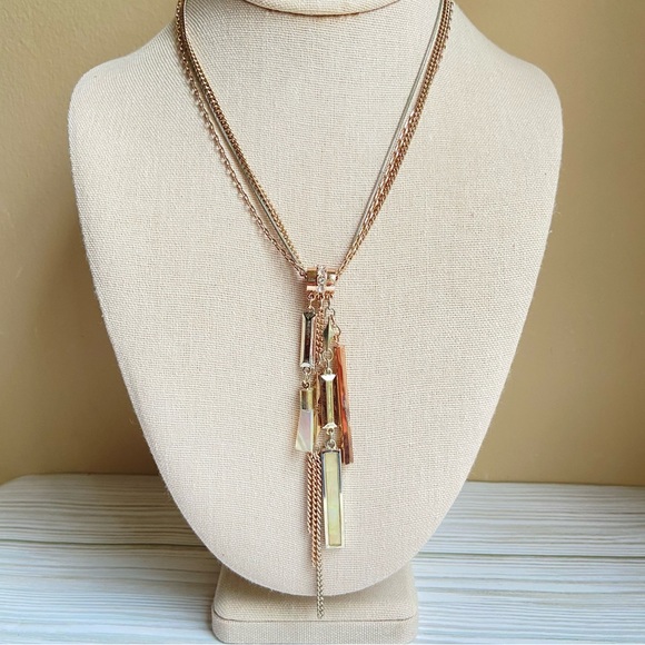 White House Black Market Jewelry - White House Black Market two tone triple chain mother of pearl tassel necklace